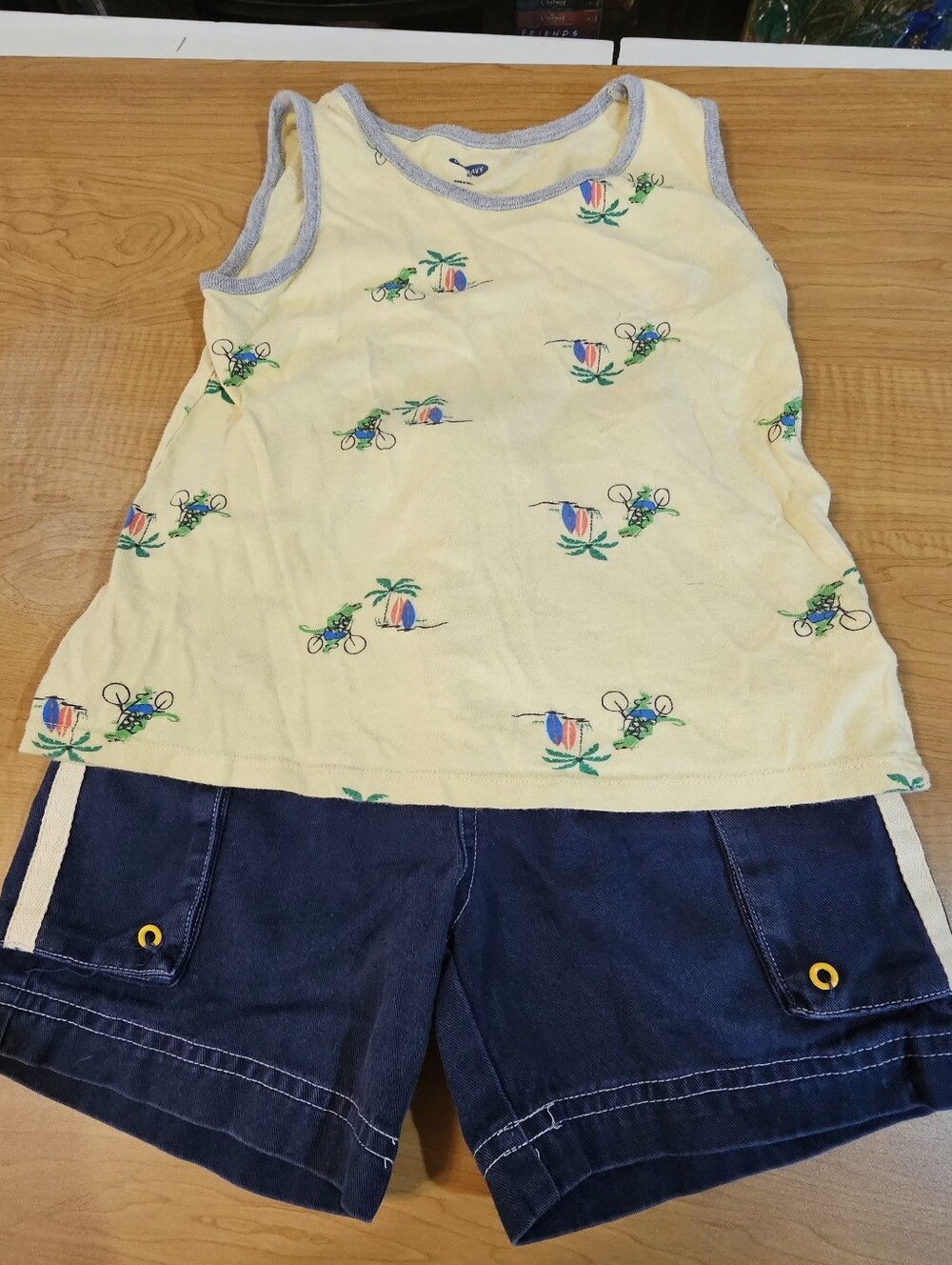 Kids Yellow Old Navy Tank Top with Surf Print  And Blue And Yellow Shorts